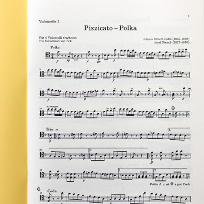 Pizzicato-Polka (Strauss) en Polonaise de Concert opus 14 (Popper) voor 4 celli