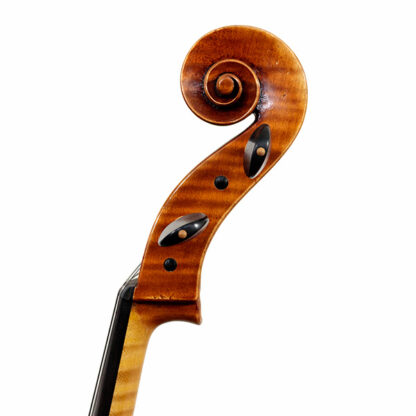 Cello 4/4 Heinrich Gill Carcassi model detail cellokrul sleutelhuis stemsleutels