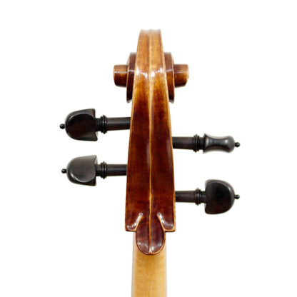 Cello 4/4 Heinrich Gill Rugeri model detail cellokrul en sleutelhuis achterkant